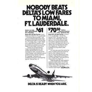 Delta Airlines Is Ready When You are Florida 1970s Vintage Print Ad 9 inch